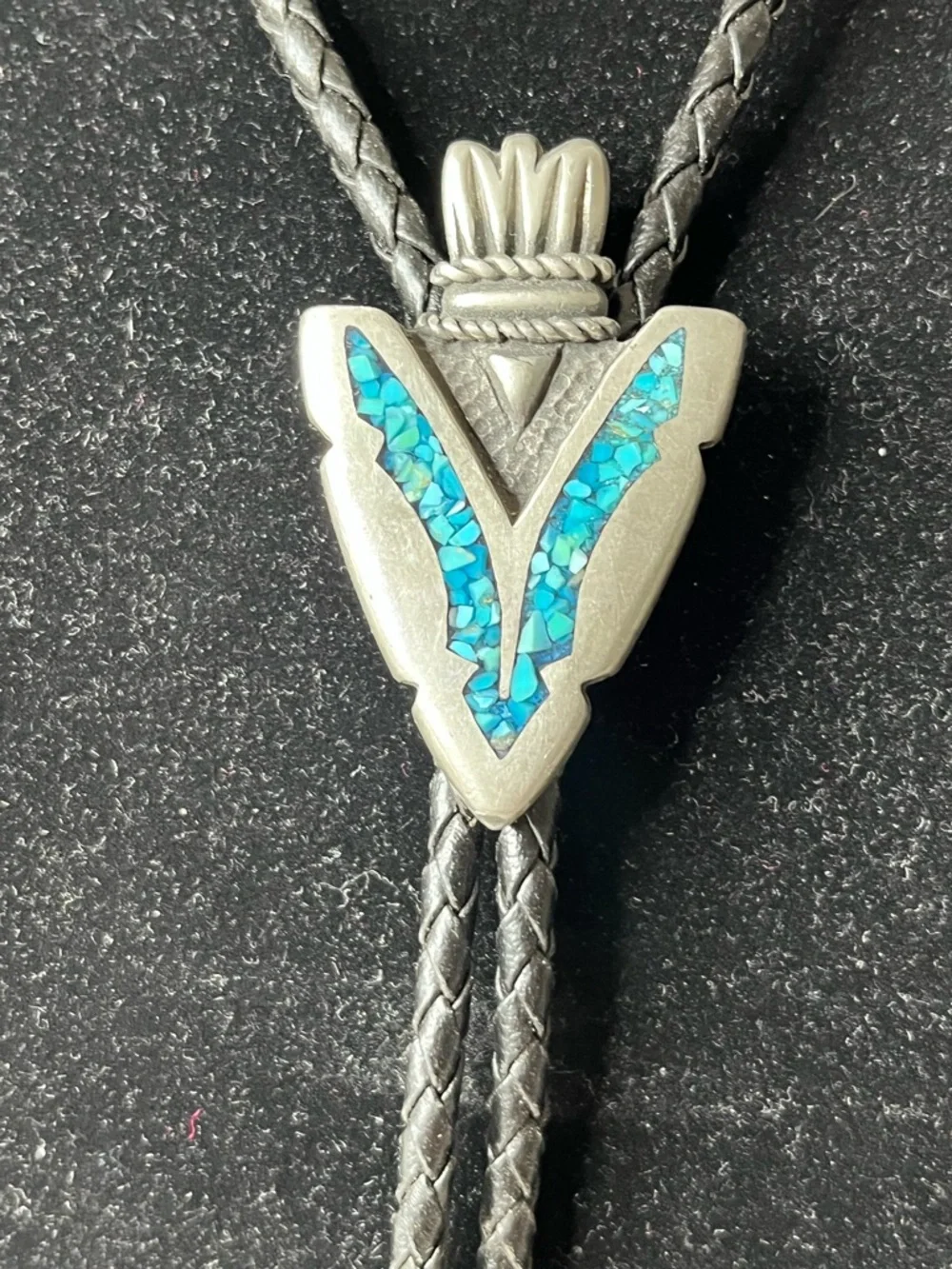 Source Unknown Black Braided Bolo Tie with Turquoise Inlay